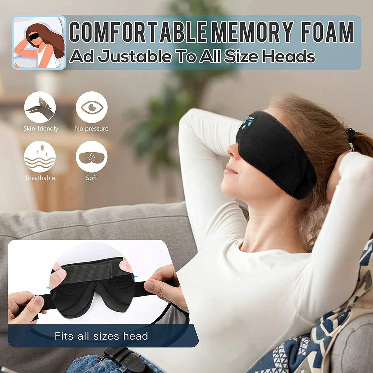 Auriculares para dormir 3D Bluetooth 5.0 con diadema, inalámbricos, transpirables, con antifaz musical, ideales para quienes duermen de lado y para viajes en avión.