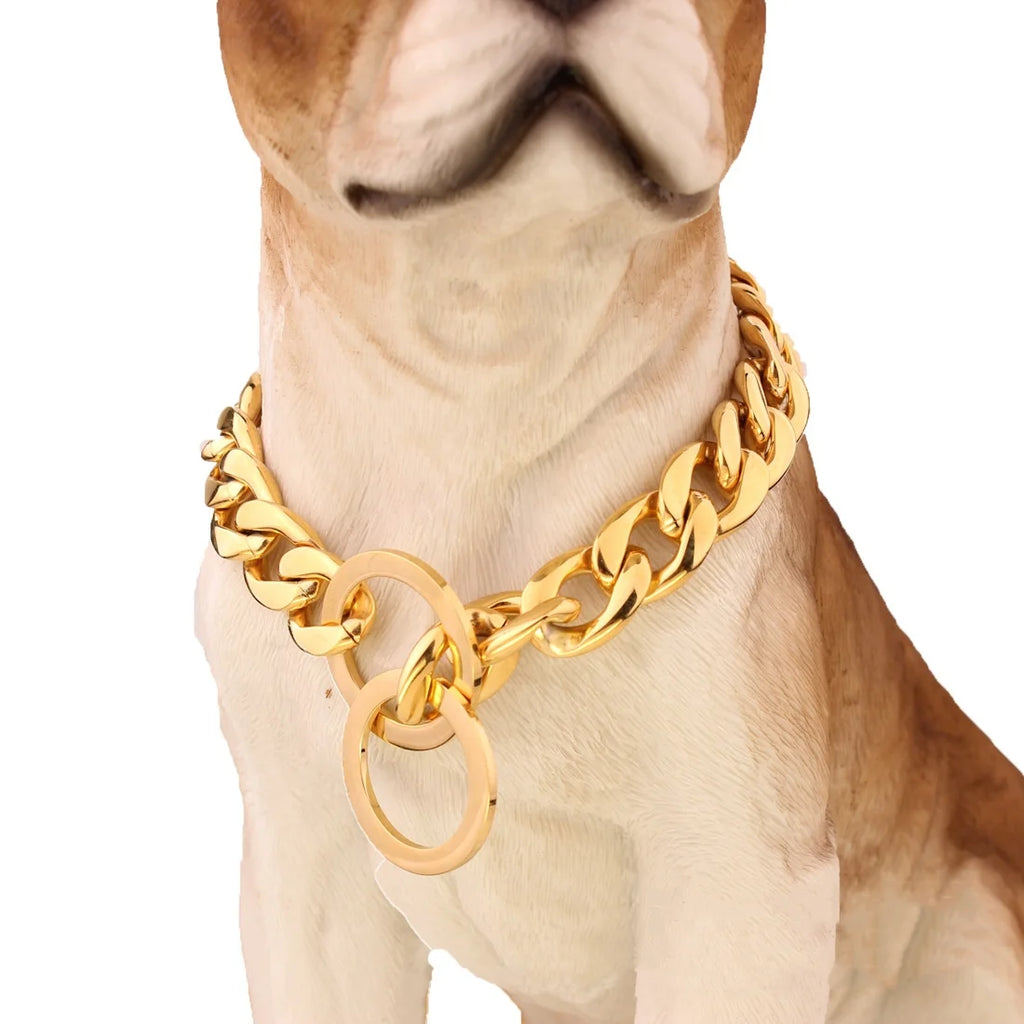 Collar de adiestramiento para perros grandes con cadena de eslabones cubanos dorados de 15 mm.