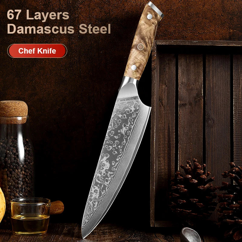 Cuchillo de chef profesional de 8 pulgadas, hecho a mano en acero de Damasco japonés, con mango de madera de raíz natural, ideal para cortar carne y verduras