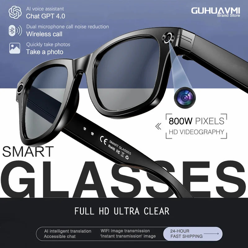 Gafas inteligentes 2026 con cámara de 8 MP, grabación de video, reconocimiento fotográfico por IA, llamadas Bluetooth y traducción de voz. Gafas de sol para hombre y mujer