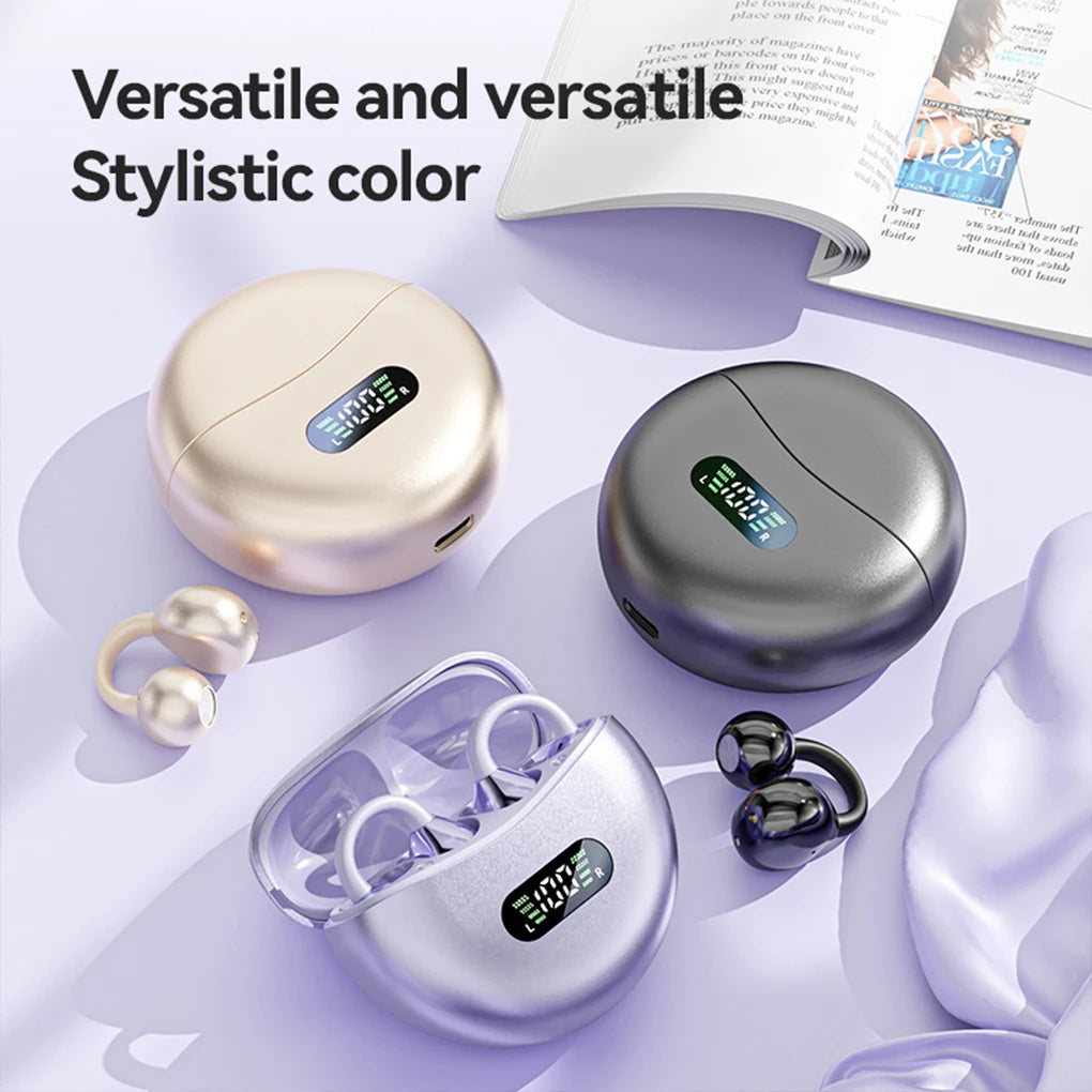 Auriculares de conducción ósea Bluetooth 5.4, auriculares con clip para la oreja, cómodos, deportivos, con pantalla digital.