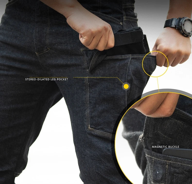 Pantalones vaqueros tácticos para hombre, estilo militar, de mezclilla, cargo, con múltiples bolsillos, elásticos, informales, para trabajo, entrenamiento y senderismo al aire libre.