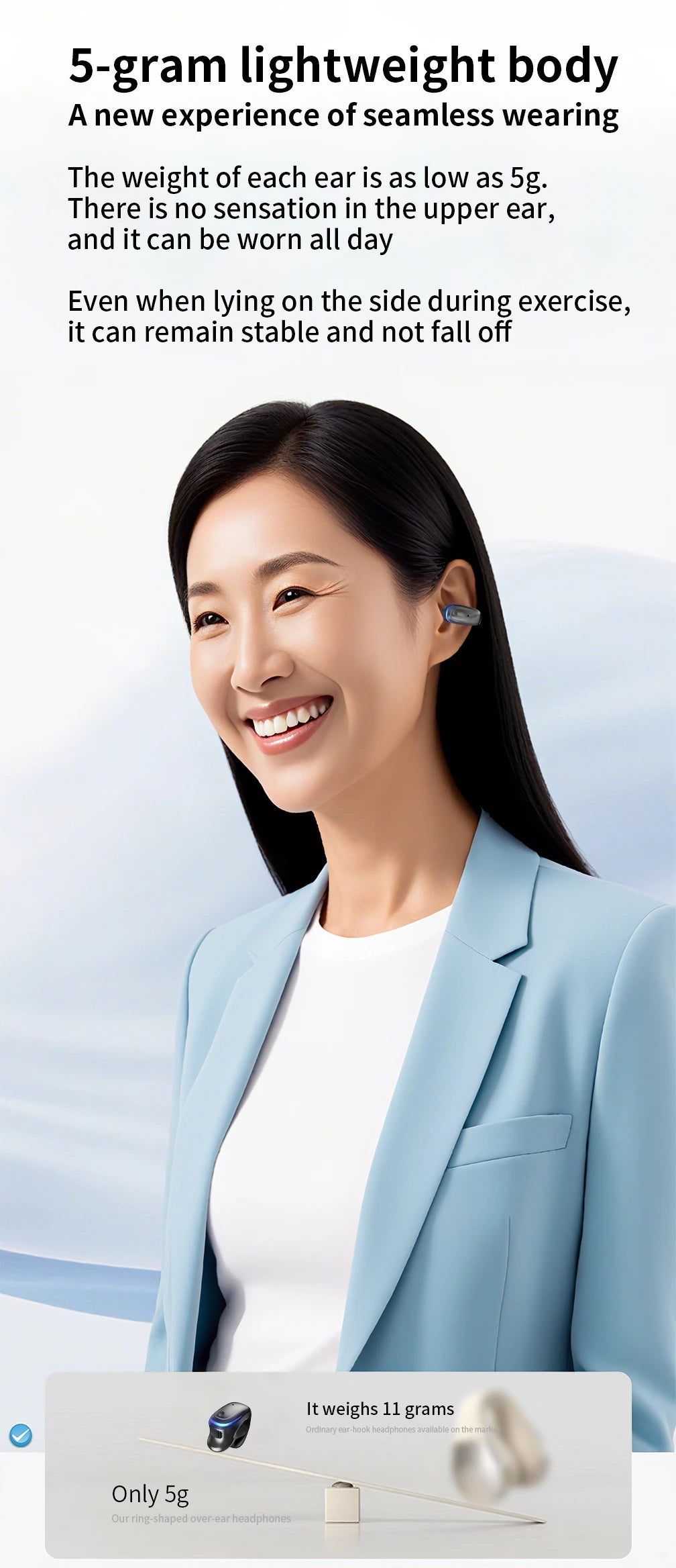 Auriculares inalámbricos Bluetooth de conducción ósea 5.3 con clip parlante, uso prolongado sin dolor, batería de muy larga duración
