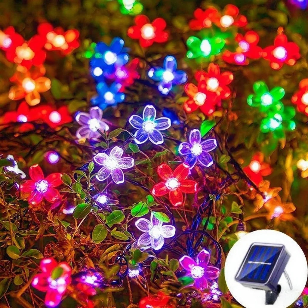 Guirnaldas de luces solares con forma de flores de cerezo para jardín, luces solares impermeables para exteriores, decoración navideña para césped y caminos.
