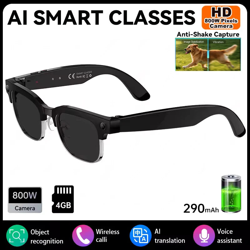 Gafas inteligentes con IA, Bluetooth, 8MP, resistentes al agua (IP66), grabación de video, reconocimiento de fotos y traducción, batería de 290 mAh. Gafas para uso diario.