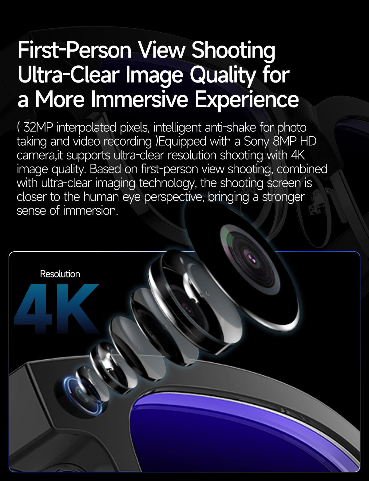 Gafas inteligentes con IA, Bluetooth, 8MP, resistentes al agua (IP66), grabación de video, reconocimiento de fotos y traducción, batería de 290 mAh. Gafas para uso diario.
