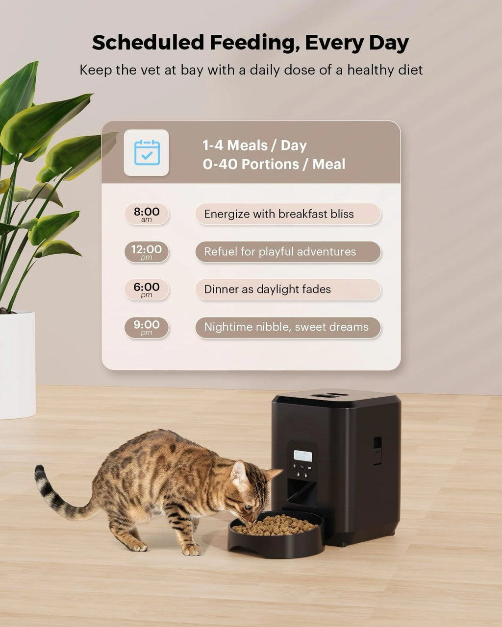 Comedero automático inteligente WiFi de 2 litros para gatos y perros con temporizador y alerta de bajo nivel de comida.
