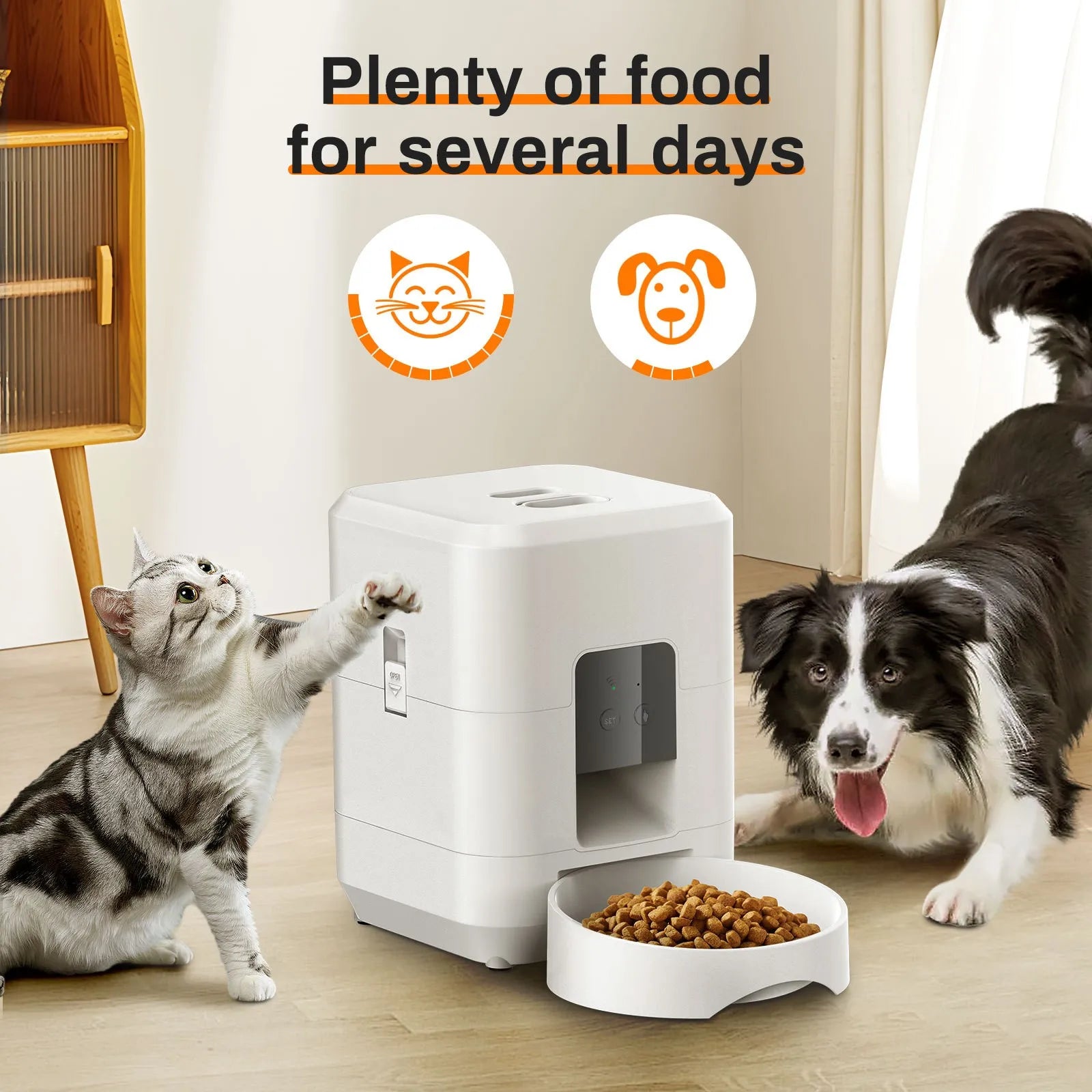 Comedero automático inteligente WiFi de 2 litros para gatos y perros con temporizador y alerta de bajo nivel de comida.