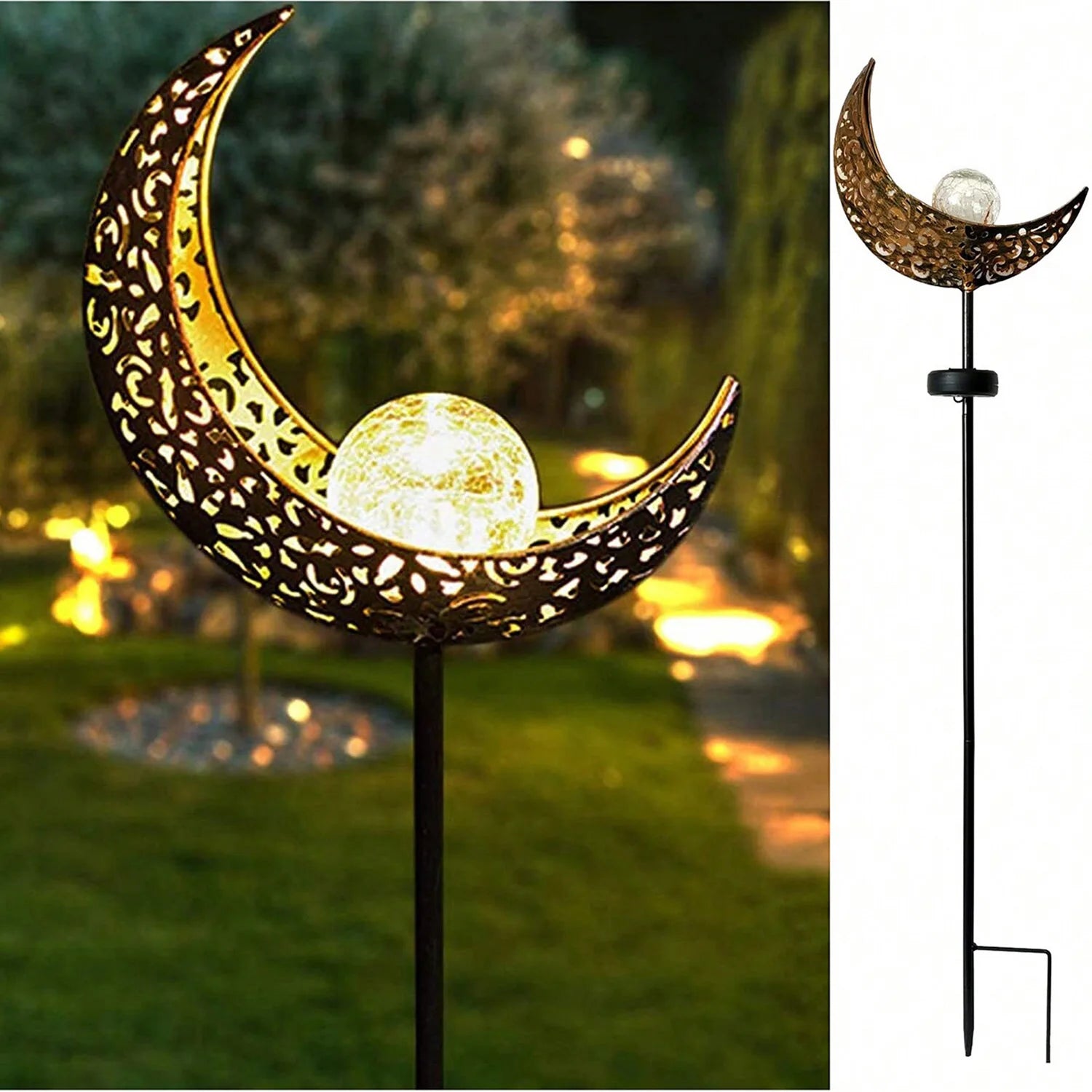 Luces solares para jardín, decoración exterior, luces de cristal craquelado con forma de luna, adorno de metal con estaca LED blanco cálido, regalo único para jardinería.