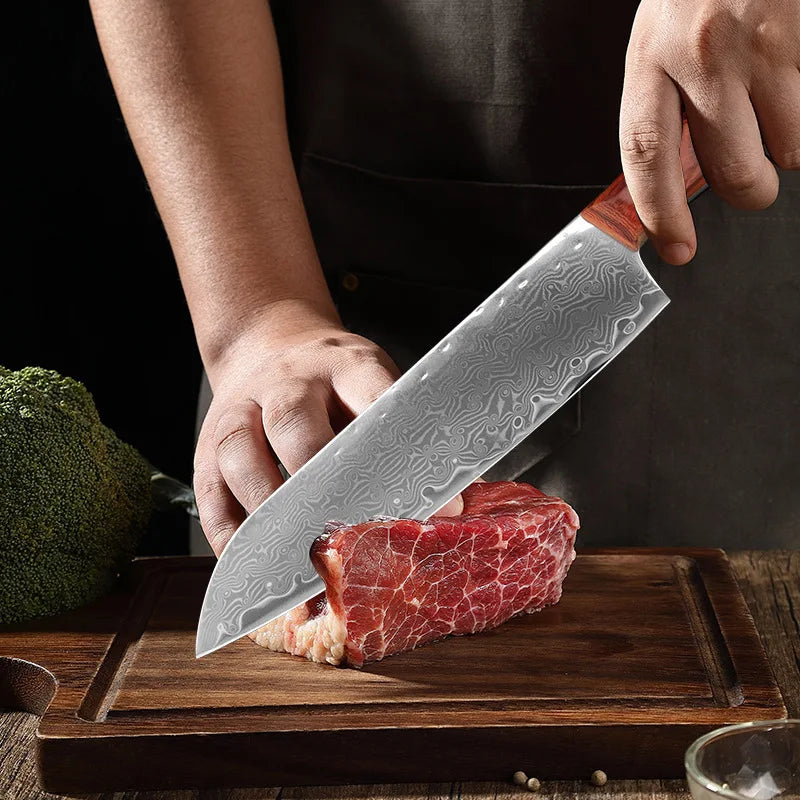 Cuchillo de cocina japonés de acero de Damasco de 67 capas para cortar carne, cuchillo Santoku, cuchillo de sushi y herramientas de cocina profesionales.