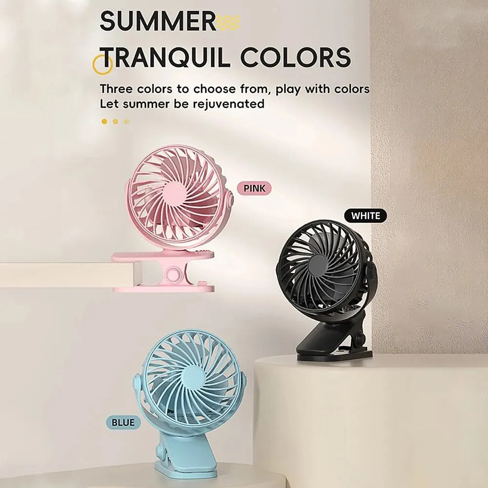 Ventilador recargable giratorio de 720° con clip para colgar y luz nocturna para facilitar su transporte. Ideal para oficina, dormitorio, residencia estudiantil y exteriores. Ventilador pequeño.