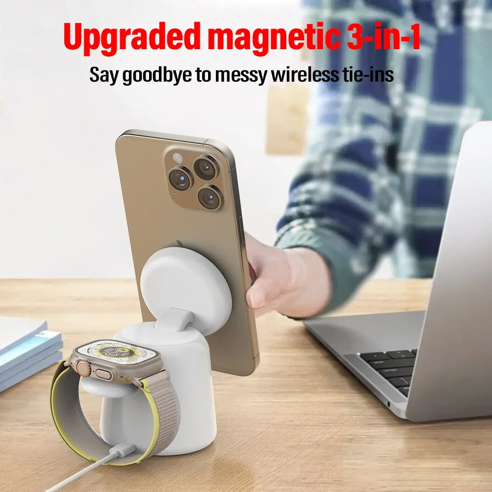Soporte cargador inalámbrico magnético plegable 3 en 1 para iPhone 15, 14, 13, 12 Pro Max, AirPods, Apple Watch 9, 8, 7 y 6. Base de carga rápida.