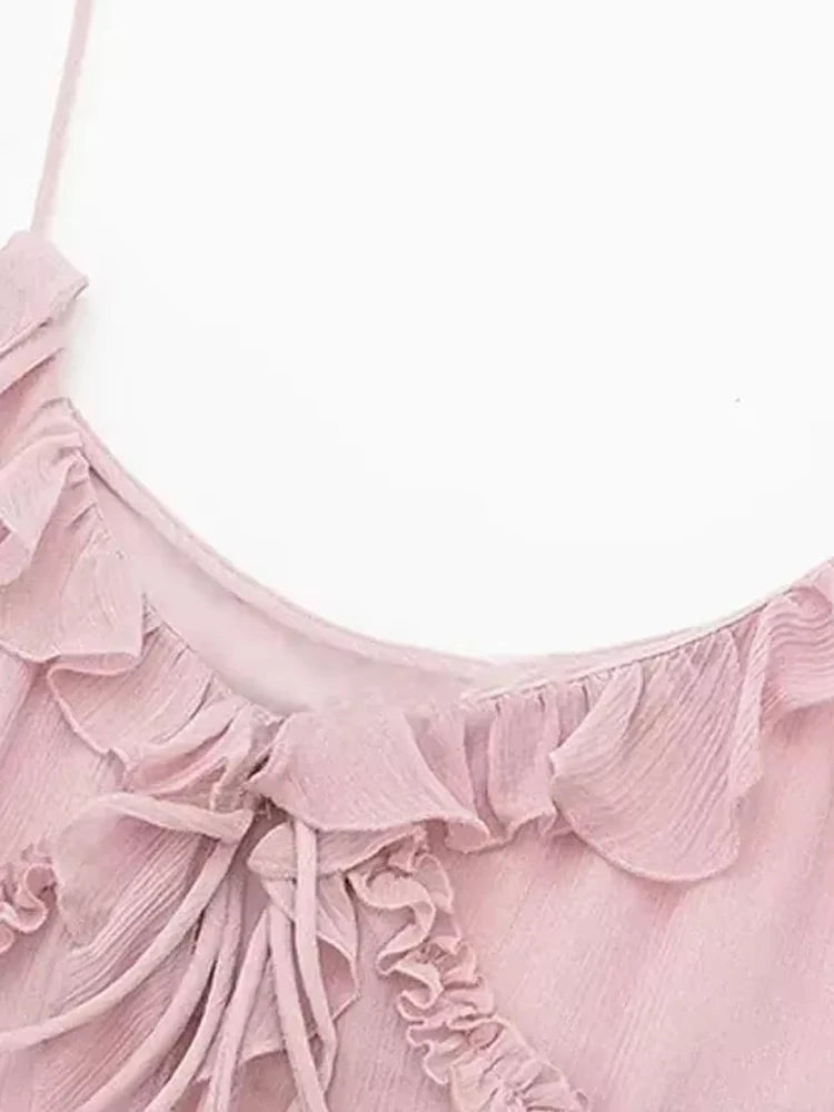 Moda femenina con tops semitransparentes con volantes en la parte delantera y tirantes finos sin espalda, sexys, para mujer