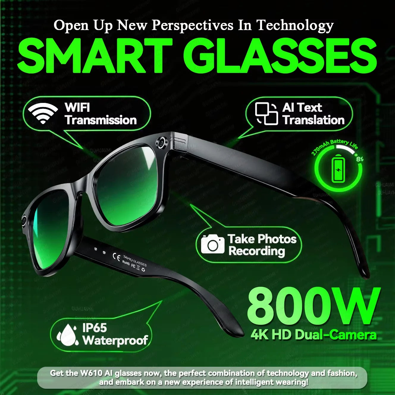 Gafas inteligentes para hombre 2026 con cámara de 8 MP, WiFi, Bluetooth, control táctil, resistencia al agua IP67, traducción con IA, cancelación de ruido y gafas con IA para mujer y hombre.