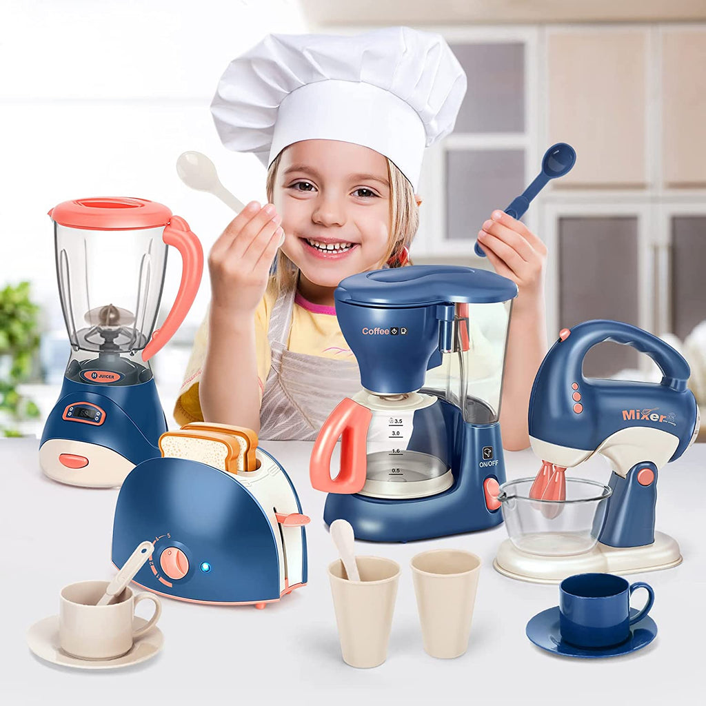 Mini electrodomésticos de juguete para la cocina, juego de imitación con cafetera, licuadora y tostadora para niños y niñas. Regalo ideal.