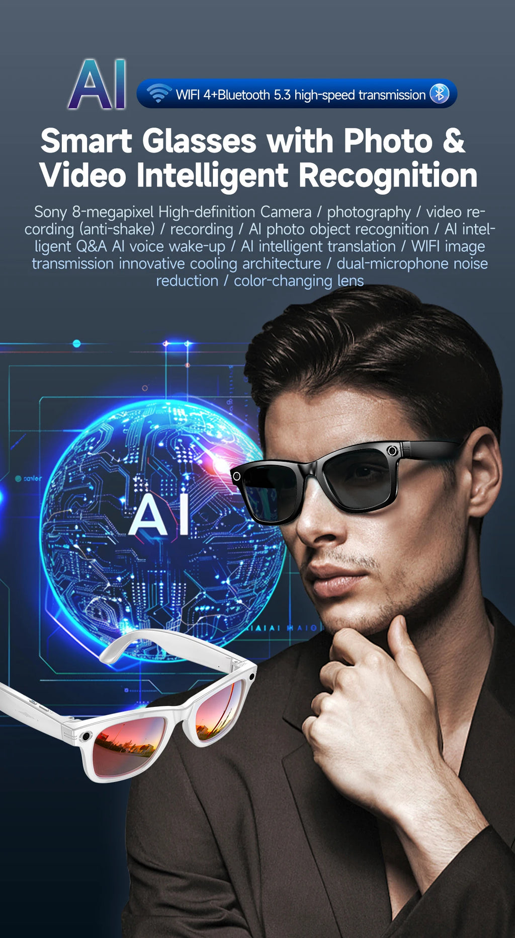 Gafas inteligentes con IA, 800 W, estabilización de imagen, cámara HD, grabación de vídeo, traducción de idiomas, Bluetooth, llamadas y reproducción de música. Para hombre y mujer.