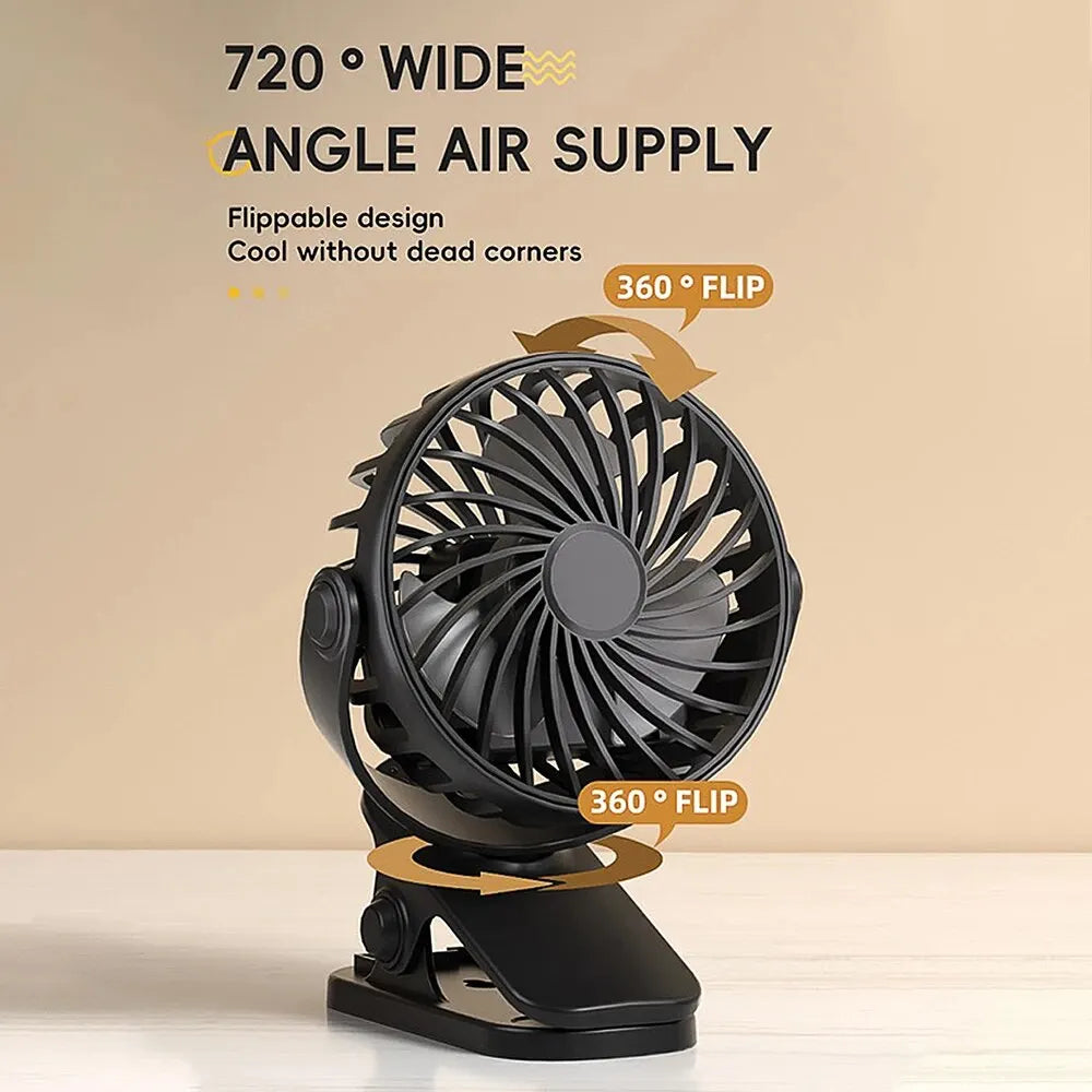 Ventilador recargable giratorio de 720° con clip para colgar y luz nocturna para facilitar su transporte. Ideal para oficina, dormitorio, residencia estudiantil y exteriores. Ventilador pequeño.