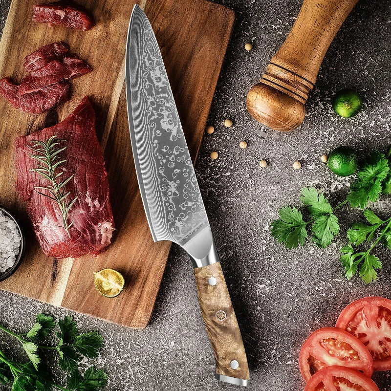 Cuchillo de chef profesional de 8 pulgadas, hecho a mano en acero de Damasco japonés, con mango de madera de raíz natural, ideal para cortar carne y verduras