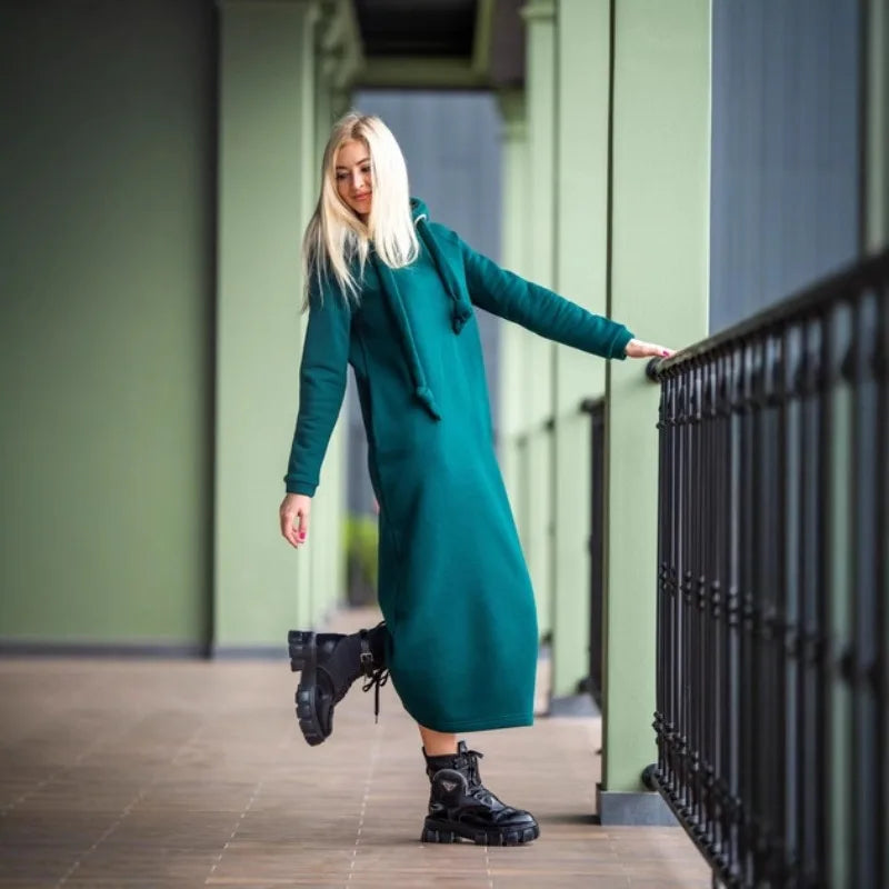 Vestido largo de punto holgado con capucha para mujer, ideal para otoño e invierno. Vestido de terciopelo con capucha, estilo casual, con detalles de costura. Vestido cálido.