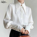 Blusa de mujer elegante de estilo vintage para otoño, ideal para la oficina, con cuello vuelto y mangas largas.
