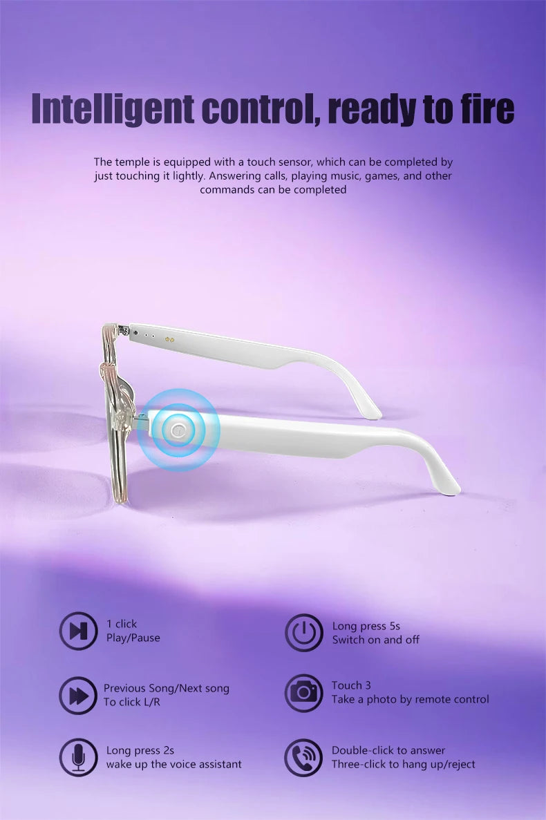 Gafas inteligentes GS03 mejoradas con cámara, grabación de vídeo, reconocimiento fotográfico por IA, traducción de llamadas por Bluetooth y asistente de voz.