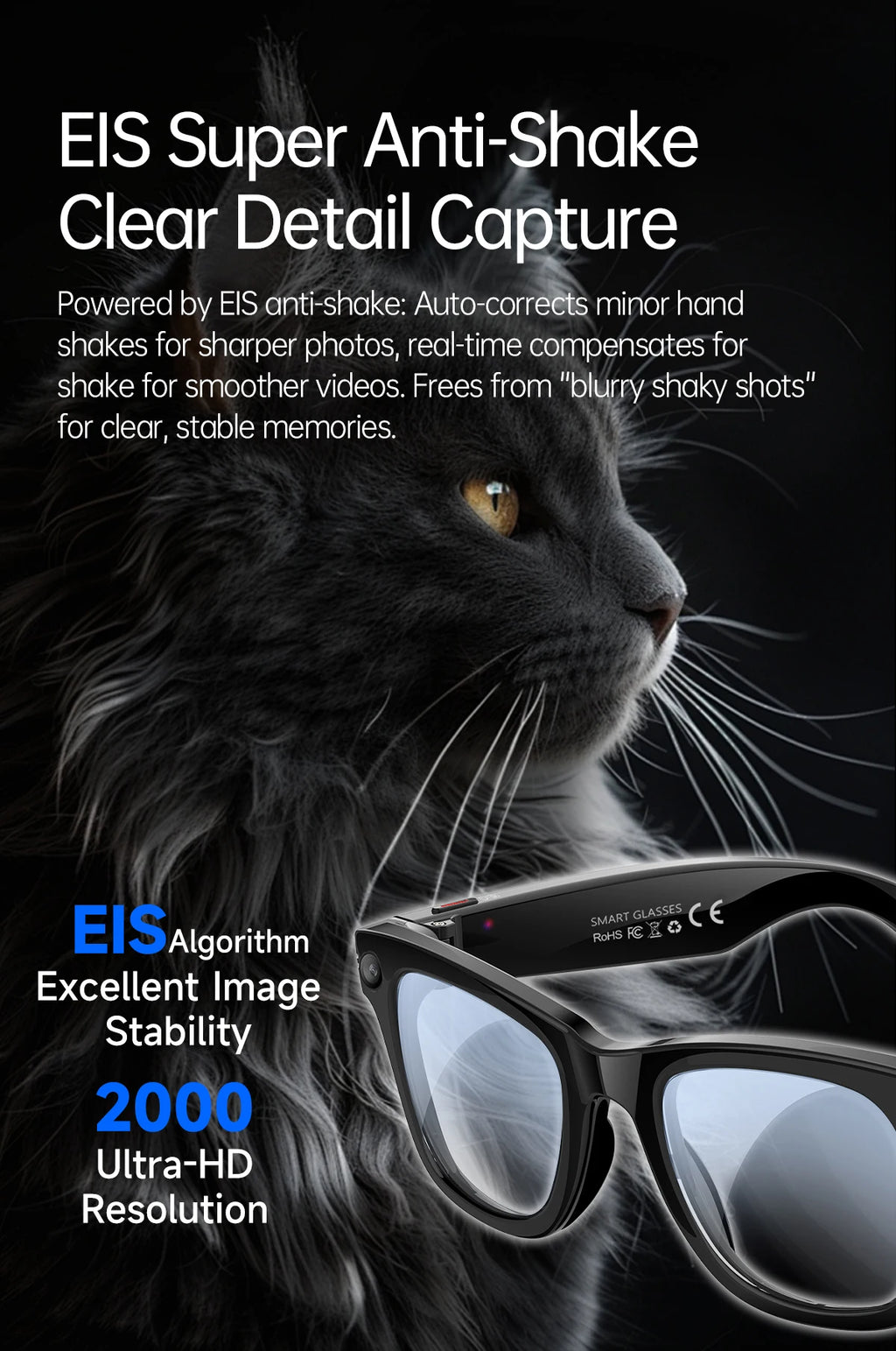 Gafas inteligentes con IA, 5 millones de píxeles, grabación de vídeo, reconocimiento fotográfico, traducción de respuestas, batería de 290 mAh, resistencia al agua IP66, Bluetooth.