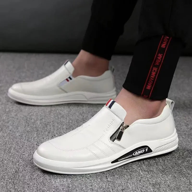 Zapatos casuales de cuero para hombre, mocasines con cremallera, zapatillas de marca de lujo para hombre, cómodos, casuales, mocasines, zapatos para conducir al aire libre.