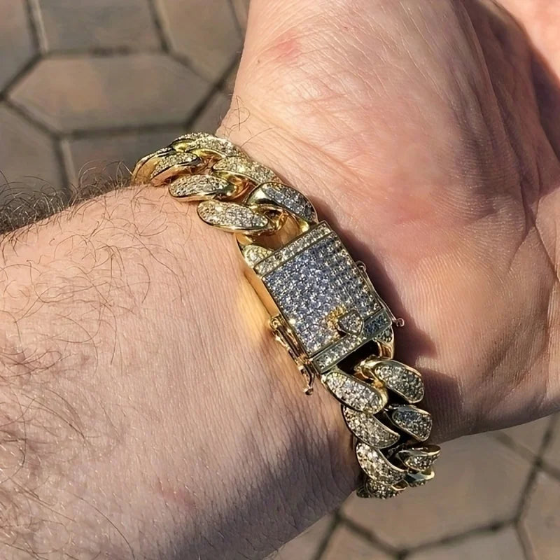 Pulsera de lujo con cadena cubana y diamantes de imitación para hombre, joyería hip-hop con cristales engastados, pulsera brillante de acero inoxidable, regalo