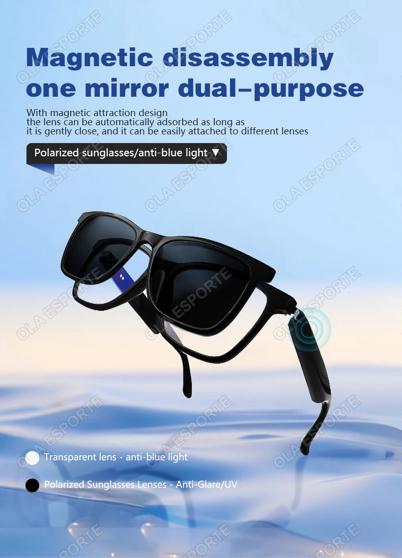 Gafas inteligentes Hot GS05 para hombre 2 en 1 con protección UV, portátiles, polarizadas, con filtro de luz azul, montura negra y lentes blancas. Gafas de sol con función de música.