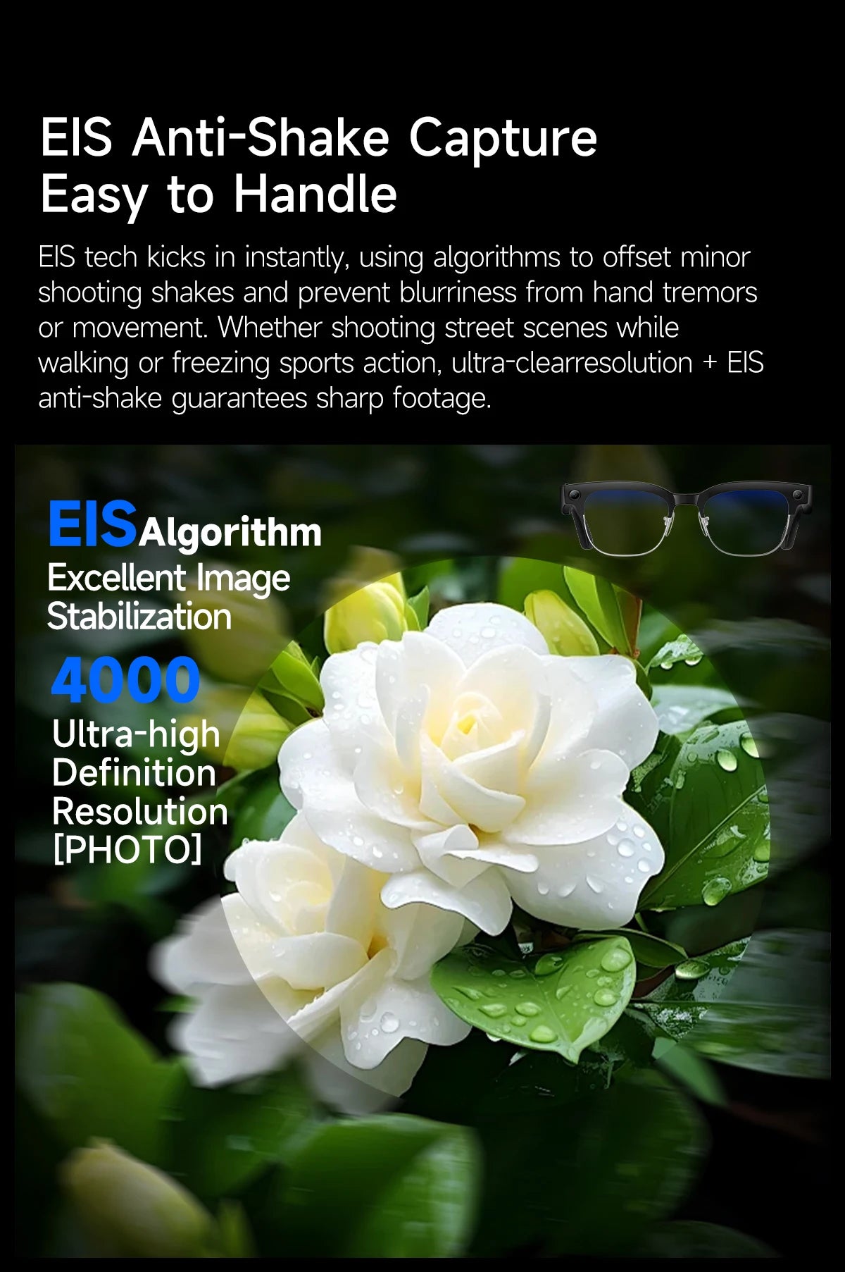Gafas inteligentes con IA, Bluetooth, 8MP, resistentes al agua (IP66), grabación de video, reconocimiento de fotos y traducción, batería de 290 mAh. Gafas para uso diario.