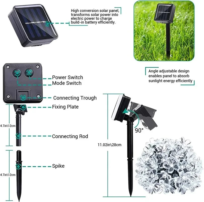 Guirnaldas de luces solares con forma de flores de cerezo para jardín, luces solares impermeables para exteriores, decoración navideña para césped y caminos.