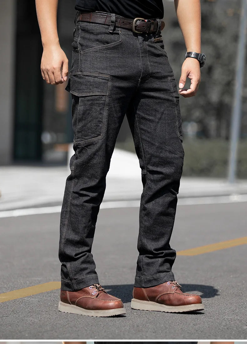 Pantalones vaqueros tácticos para hombre, estilo militar, de mezclilla, cargo, con múltiples bolsillos, elásticos, informales, para trabajo, entrenamiento y senderismo al aire libre.
