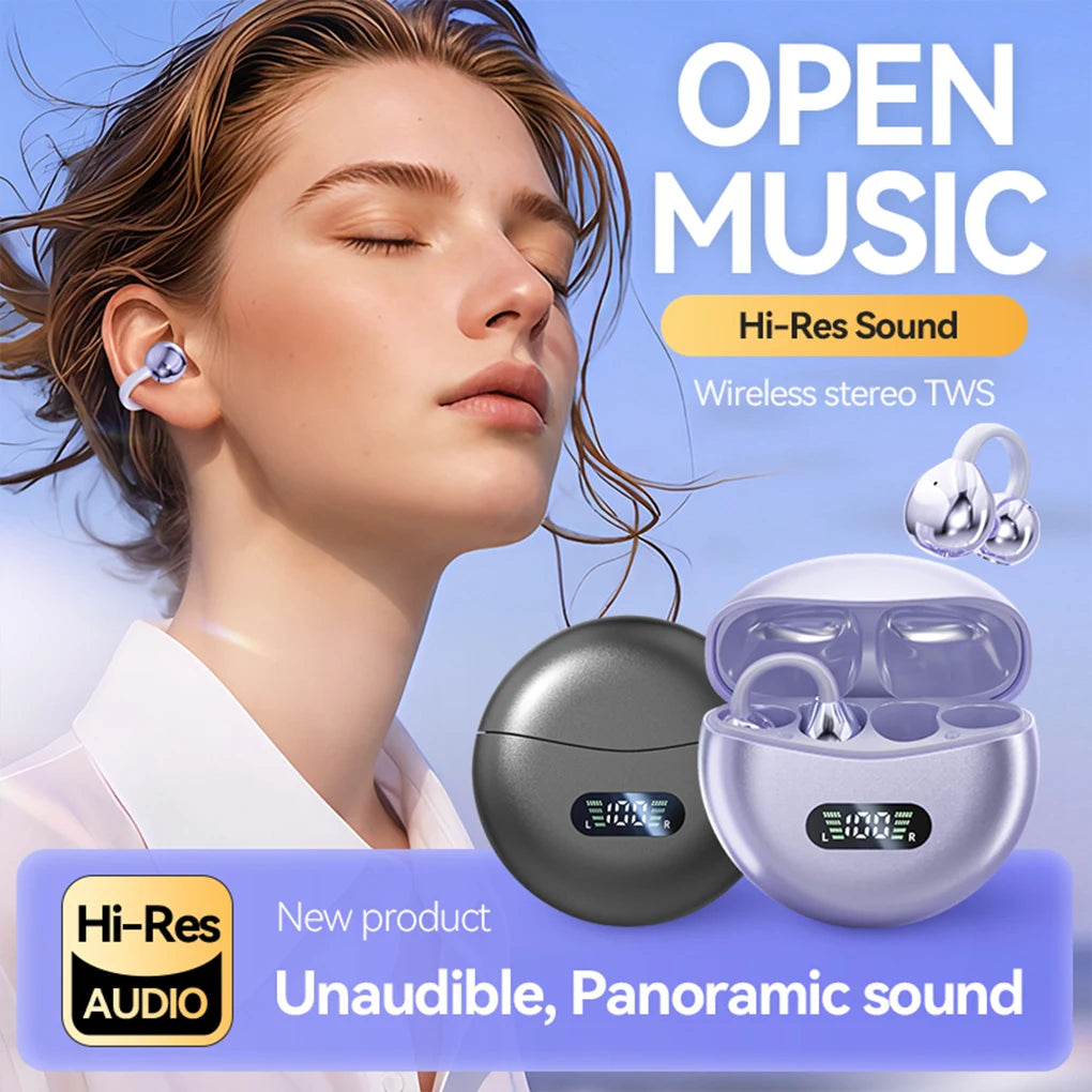Auriculares de conducción ósea Bluetooth 5.4, auriculares con clip para la oreja, cómodos, deportivos, con pantalla digital.