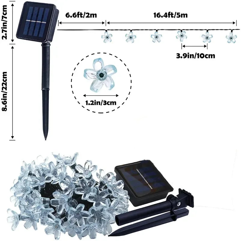 Guirnaldas de luces solares con forma de flores de cerezo para jardín, luces solares impermeables para exteriores, decoración navideña para césped y caminos.