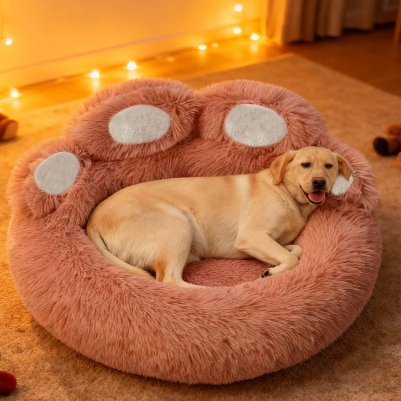 Cama de invierno grande para perros con forma de pata, cama relajante para mascotas, cama de felpa cálida tipo donut para perros y gatos con base antideslizante, tamaño grande para perros grandes.