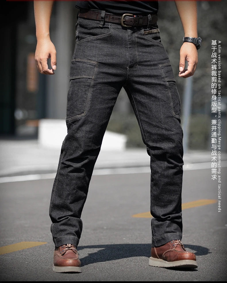 Pantalones vaqueros tácticos para hombre, estilo militar, de mezclilla, cargo, con múltiples bolsillos, elásticos, informales, para trabajo, entrenamiento y senderismo al aire libre.