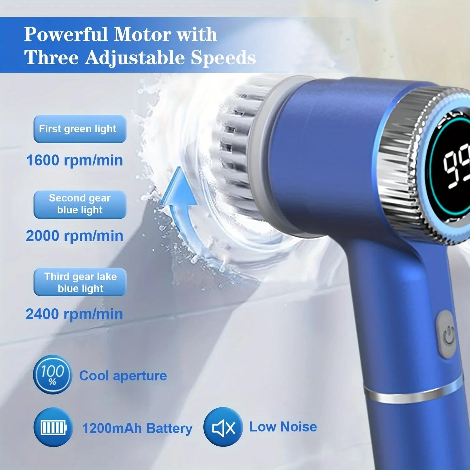 Cepillo de limpieza eléctrico con pantalla LED, 5 cabezales reemplazables y 3 velocidades.