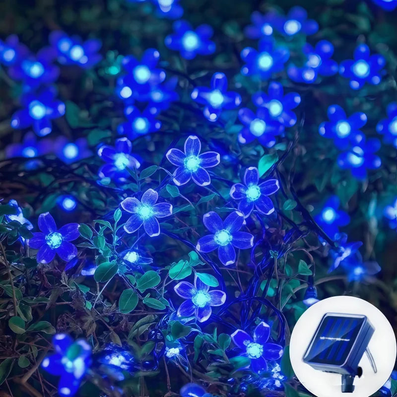 Guirnaldas de luces solares con forma de flores de cerezo para jardín, luces solares impermeables para exteriores, decoración navideña para césped y caminos.