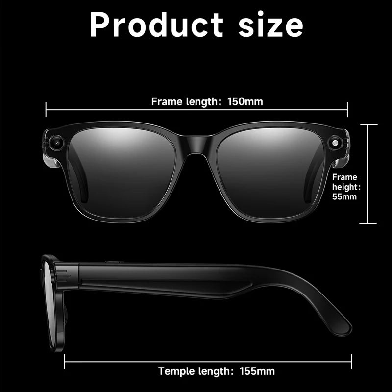 Gafas inteligentes con cámara HD de 8 MP, vídeo HD antivibración de 1200p, asistente de voz inteligente con IA, traducción en tiempo real y reconocimiento de objetos.