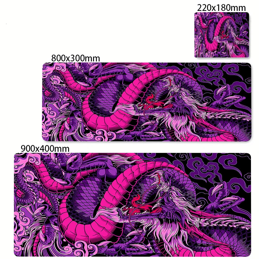 Alfombrilla de ratón grande con diseño de dragón en blanco y negro.