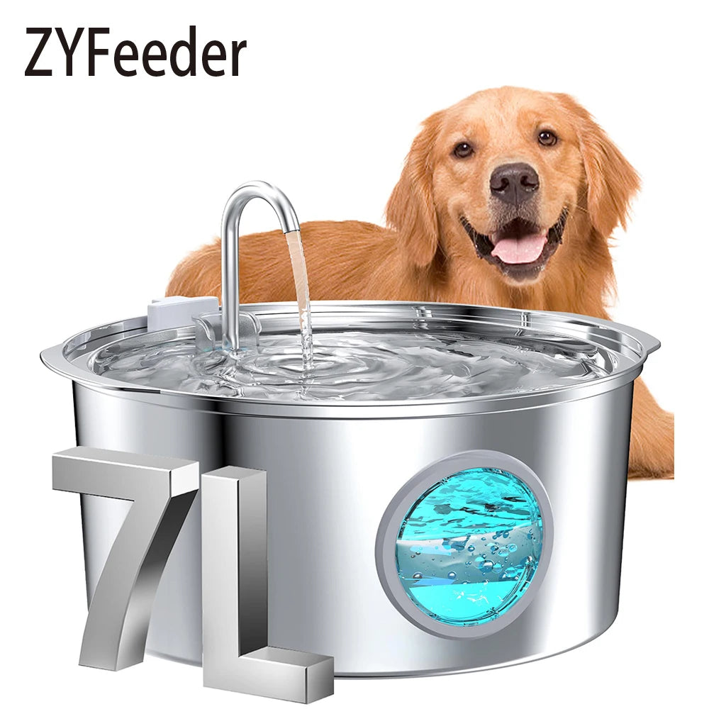 Fuente de agua automática de acero inoxidable de gran capacidad de 7 litros para gatos y perros, bebedero para mascotas, comedero con ventana, silencioso (sin enchufe de 5 V 1 A)