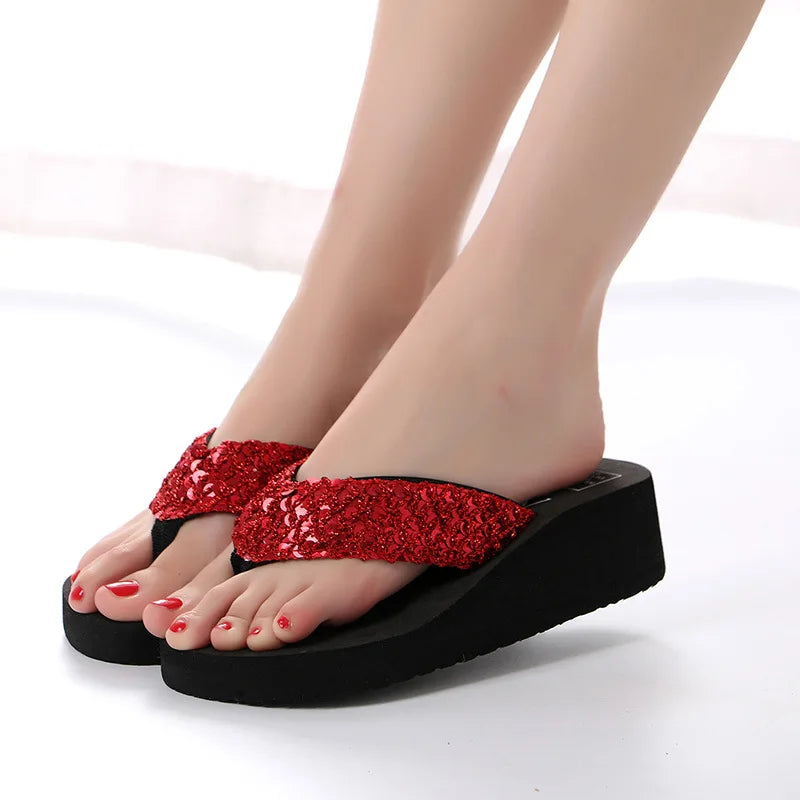 Sandalias de verano para mujer, lentejuelas, chanclas de playa para mujer, pantuflas de tacón alto para mujer, zapatos de cuña con plataforma 2024.