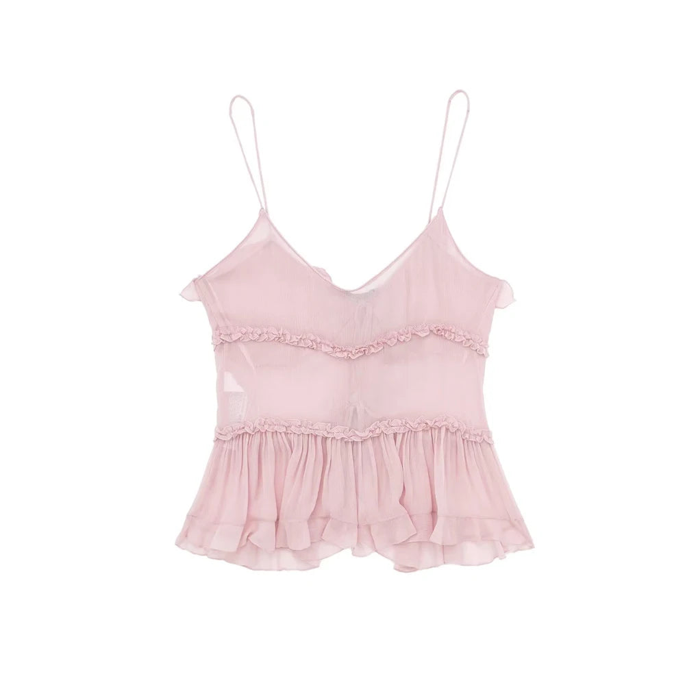Moda femenina con tops semitransparentes con volantes en la parte delantera y tirantes finos sin espalda, sexys, para mujer