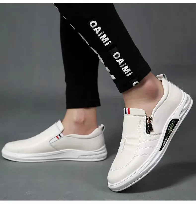 Zapatos casuales de cuero para hombre, mocasines con cremallera, zapatillas de marca de lujo para hombre, cómodos, casuales, mocasines, zapatos para conducir al aire libre.