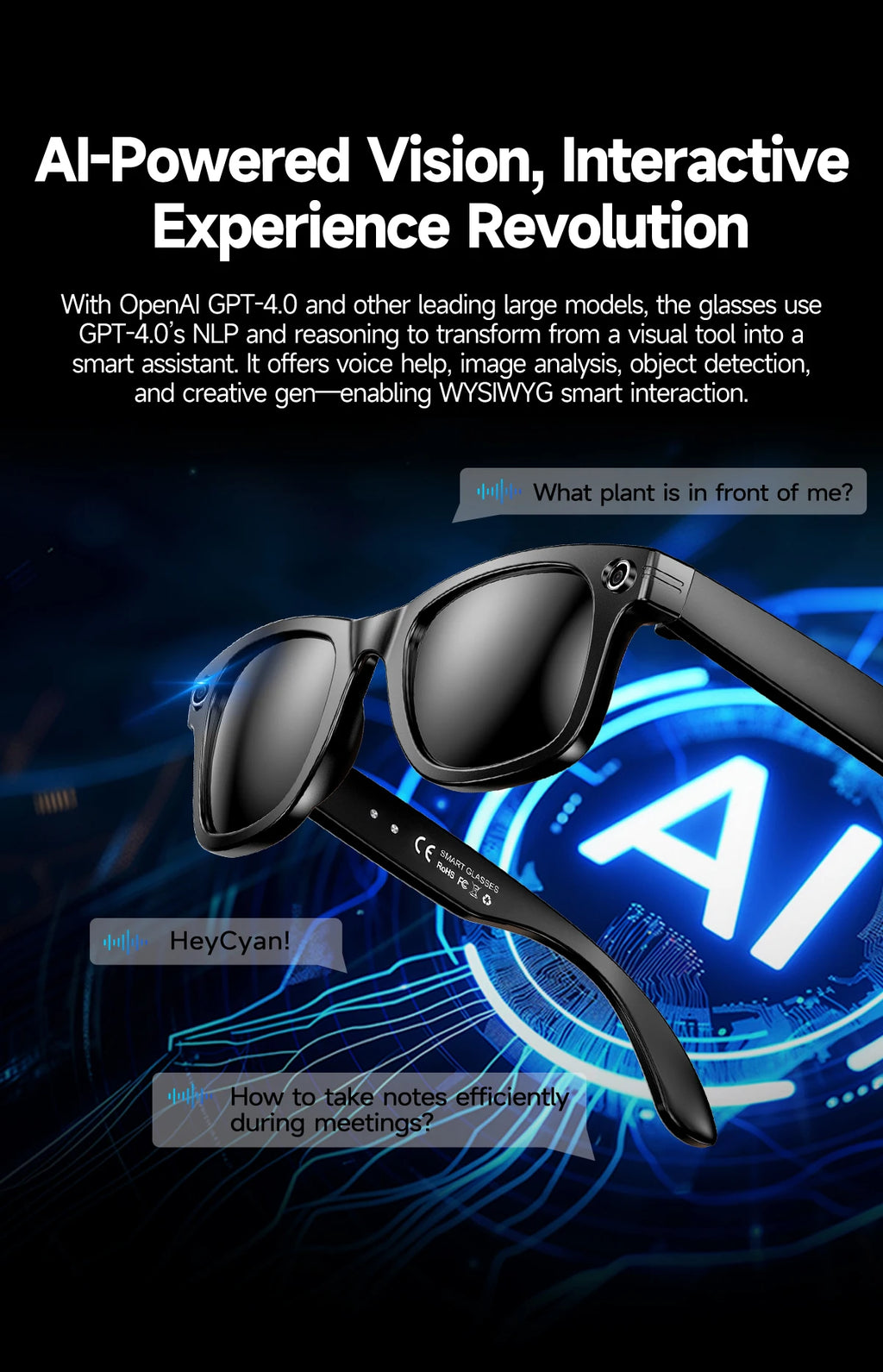 Gafas inteligentes para hombre 2026 con cámara de 8 MP, WiFi, Bluetooth, control táctil, resistencia al agua IP67, traducción con IA, cancelación de ruido y gafas con IA para mujer y hombre.