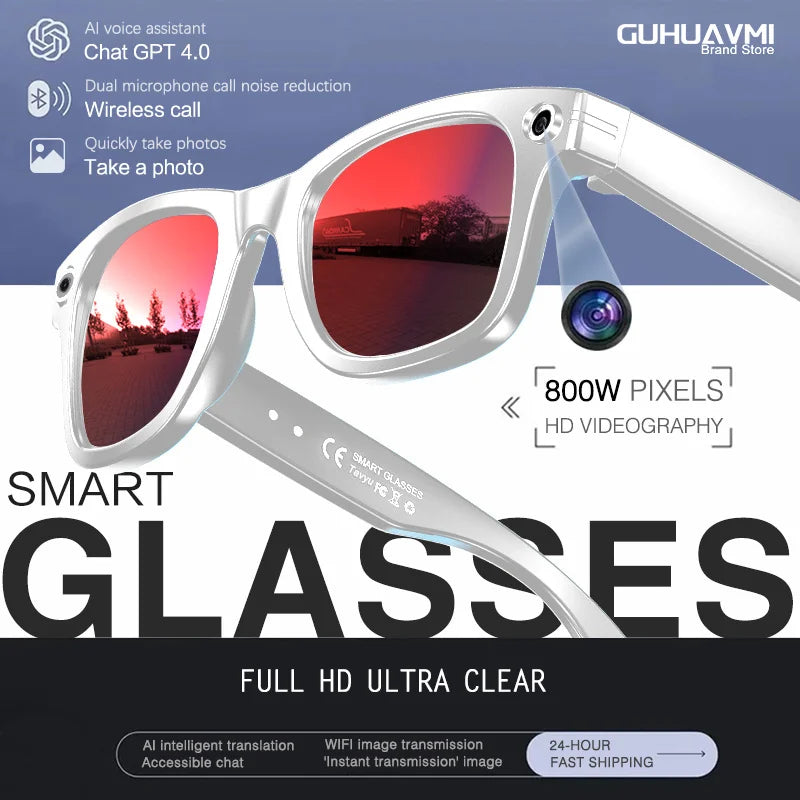 Gafas inteligentes 2026 con cámara de 8 MP, grabación de video, reconocimiento fotográfico por IA, llamadas Bluetooth y traducción de voz. Gafas de sol para hombre y mujer