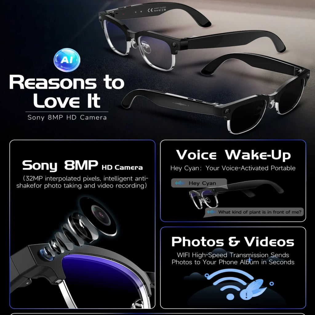 Gafas inteligentes con IA, Bluetooth, 8MP, resistentes al agua (IP66), grabación de video, reconocimiento de fotos y traducción, batería de 290 mAh. Gafas para uso diario.