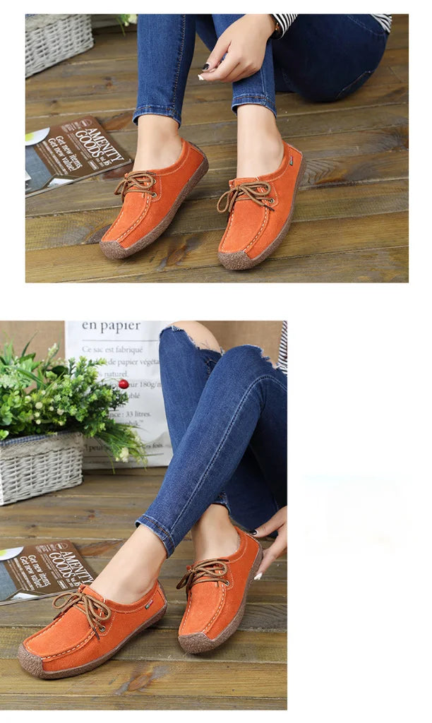 Zapatos casuales de mujer de nueva colección 2025: bailarinas de ante y piel, mocasines con cordones, zapatos de moda para mujer, tallas grandes 35-42.