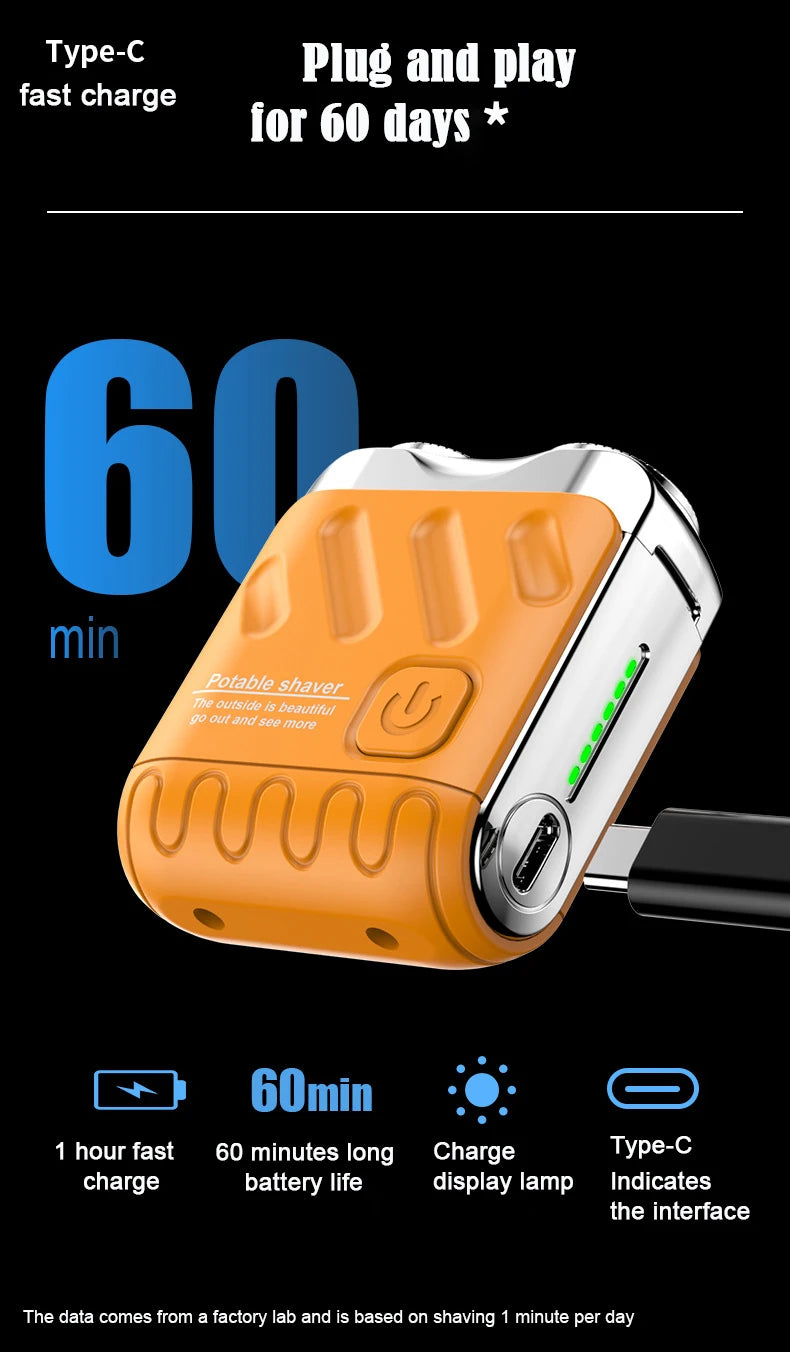 Mini afeitadora portátil para hombres, afeitado en seco, USB-C, resistente al agua IPX7, fácil de limpiar, indicador de batería.