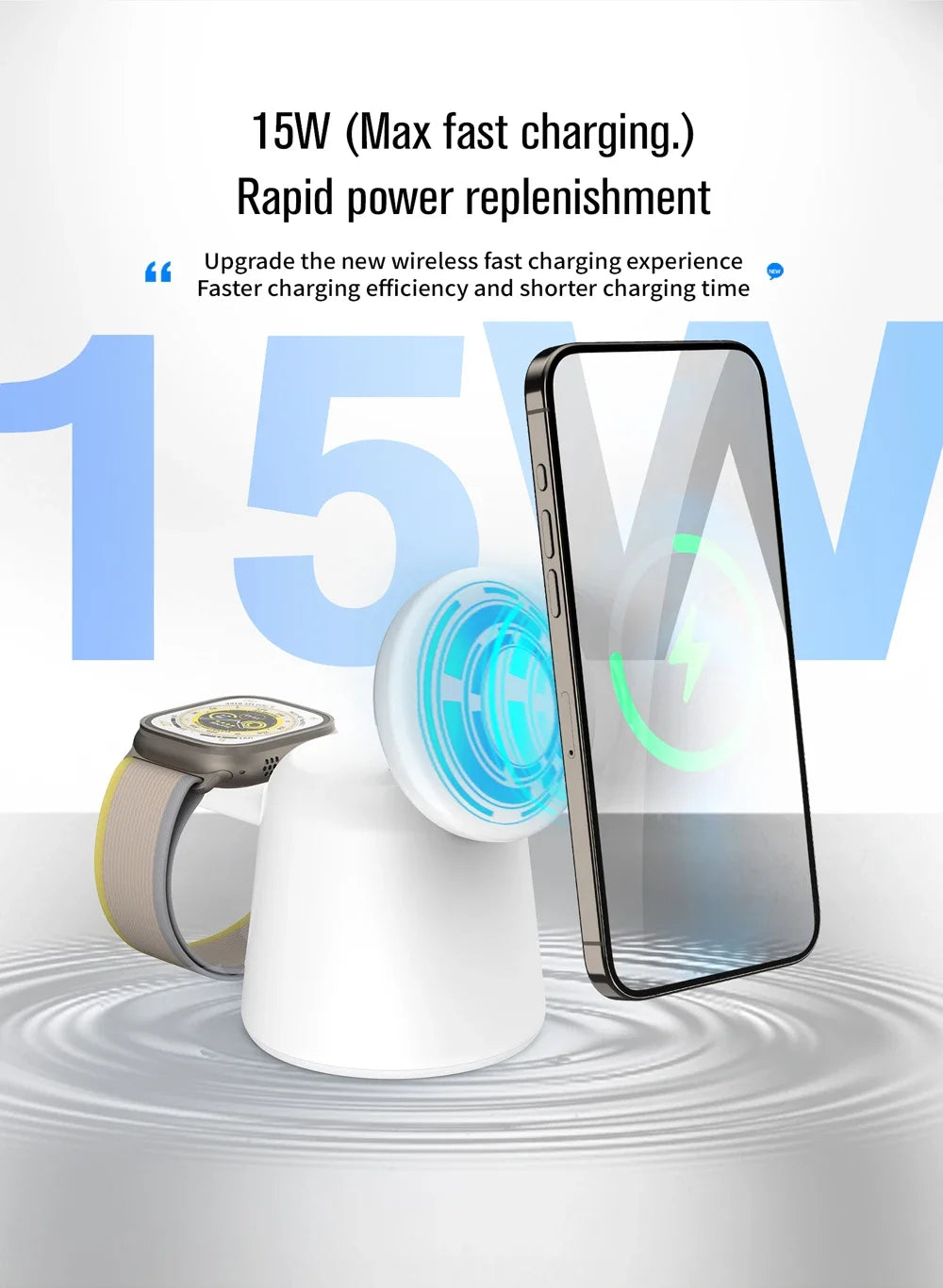 Soporte cargador inalámbrico magnético plegable 3 en 1 para iPhone 15, 14, 13, 12 Pro Max, AirPods, Apple Watch 9, 8, 7 y 6. Base de carga rápida.